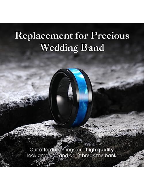 King Will Tungsten Carbide Wedding Band for Men - 8mm Black High Polished Inlay Green/Black Olive Shell Texture Patterns for Everyday Wear Comfort Fit