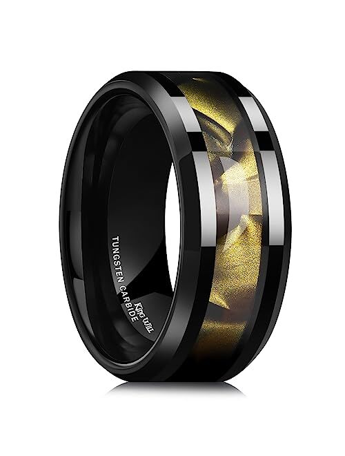 King Will Tungsten Carbide Wedding Band for Men - 8mm Black High Polished Inlay Green/Black Olive Shell Texture Patterns for Everyday Wear Comfort Fit