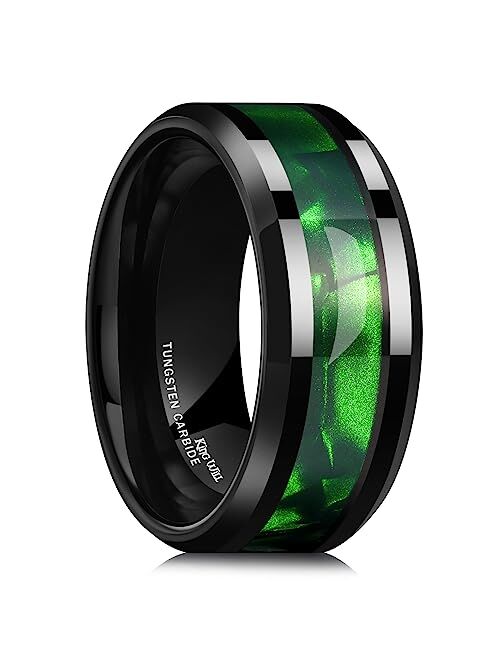 King Will Tungsten Carbide Wedding Band for Men - 8mm Black High Polished Inlay Green/Black Olive Shell Texture Patterns for Everyday Wear Comfort Fit