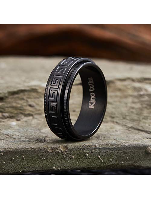 King Will 8mm Black/Silver Spinner Stainless Steel Ring Fidget Ring Anxiety Ring for Men Brushed Greek Key/Viking Pattern/Roman Numerals/Hammered Relieving Stress Ring