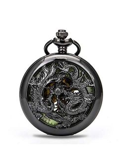 BOSHIYA Vintage Mechanical Pocket Watches for Men Luminous Steampunk Pocket Watch with Chain Black Skeleton Dial Roman Numberals Pocketwatch Gifts for Fathers Day