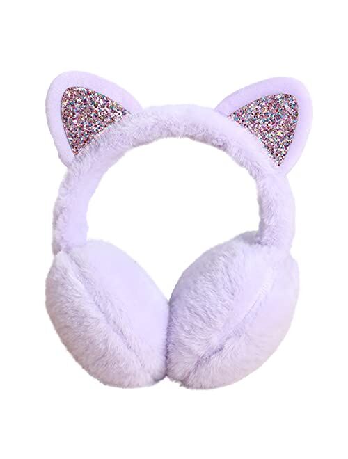 HADM Women Girls Cat Earmuffs, Winter Warm Glitter Earmuffs for Girls Cute Catear Ear Covers for Outdoor Earmuffs