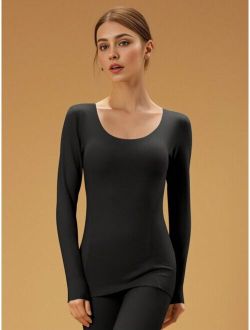 Shein Women's Thermal Base Layer Top, Solid Color, Round Neck, Slim Fit, Long Sleeve, Suitable For Both Underwear And Outerwear