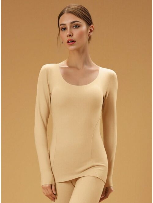 Shein Women's Thermal Base Layer Top, Solid Color, Round Neck, Slim Fit, Long Sleeve, Suitable For Both Underwear And Outerwear