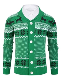 Cozople Ugly Christmas Sweater Men's Reindeer Cardigan Sweater Xmas Shawl Collar Knitted Cardigan Overcoat