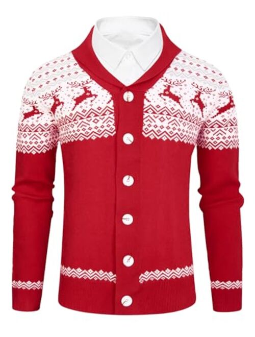 Cozople Ugly Christmas Sweater Men's Reindeer Cardigan Sweater Xmas Shawl Collar Knitted Cardigan Overcoat