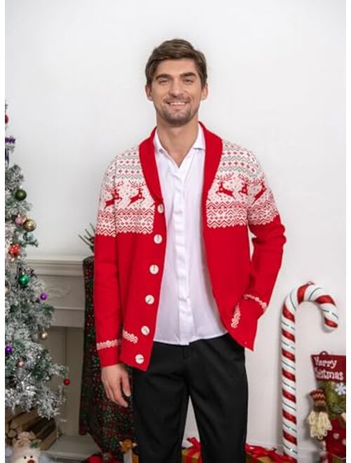 Cozople Ugly Christmas Sweater Men's Reindeer Cardigan Sweater Xmas Shawl Collar Knitted Cardigan Overcoat