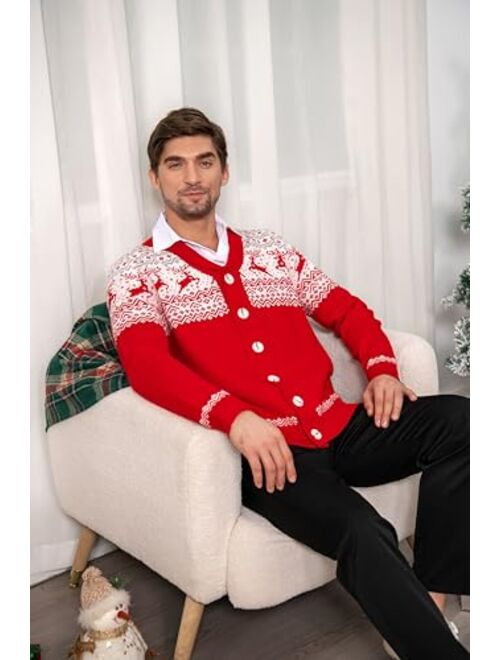 Cozople Ugly Christmas Sweater Men's Reindeer Cardigan Sweater Xmas Shawl Collar Knitted Cardigan Overcoat