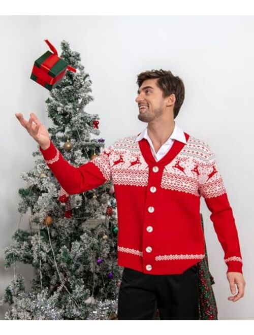 Cozople Ugly Christmas Sweater Men's Reindeer Cardigan Sweater Xmas Shawl Collar Knitted Cardigan Overcoat