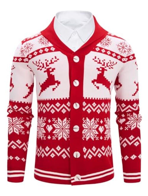 Cozople Ugly Christmas Sweater Men's Reindeer Cardigan Sweater Xmas Shawl Collar Knitted Cardigan Overcoat