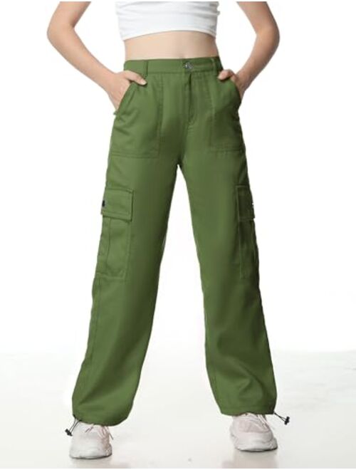 EXARUS Girls Youth Cargo Pants with Pockets Elastic Kids Loose Hip Hop Wide Leg Y2K Trousers 8-14 Years