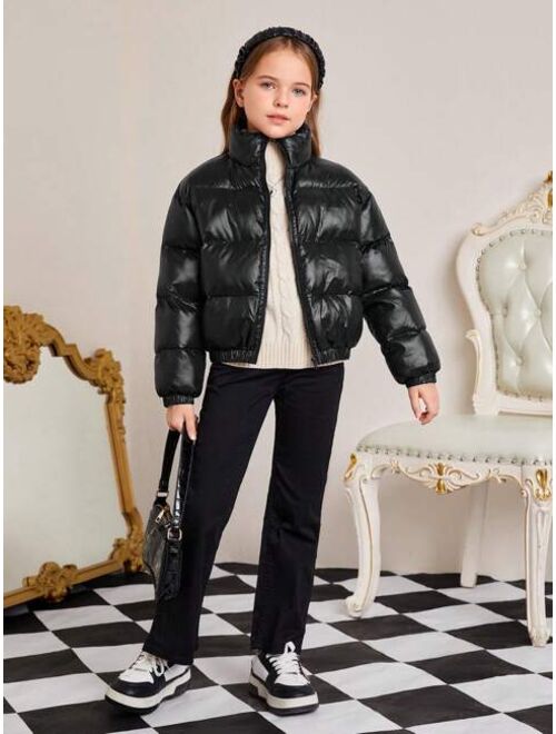 SHEIN Kids FANZEY Tween Girls' Woven Solid Color Thickened Loose Fit Short Jacket With Stand Collar For Casual