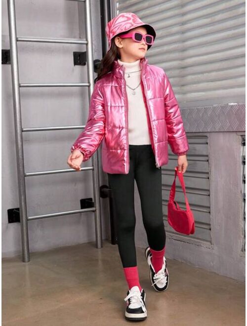 SHEIN Tween Girl Holographic Zipper Puffer Coat