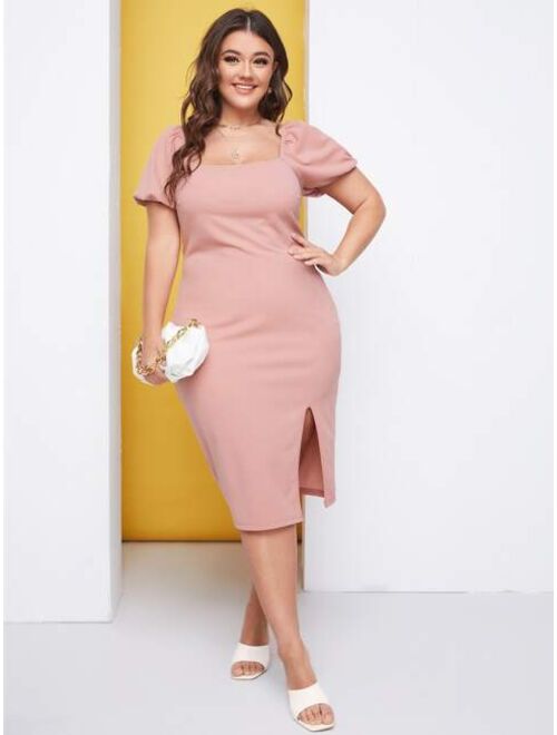 SHEIN Belle Plus Puff Sleeve Split Hem Dress