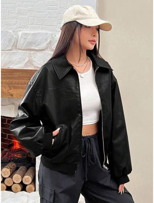SHEIN EZwear Drop Shoulder Zip Up PU Leather Jacket
