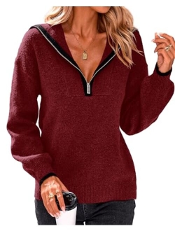 BTFBM Women's 2023 Fall Winter Half Zip Pullover Sweaters Casual V Neck Long Sleeve Ribbed Knit Loose Jumper Tops