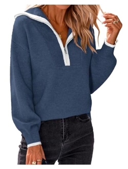 BTFBM Women's 2023 Fall Winter Half Zip Pullover Sweaters Casual V Neck Long Sleeve Ribbed Knit Loose Jumper Tops