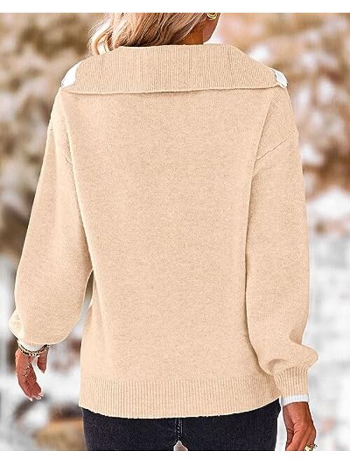 BTFBM Women's 2023 Fall Winter Half Zip Pullover Sweaters Casual V Neck Long Sleeve Ribbed Knit Loose Jumper Tops