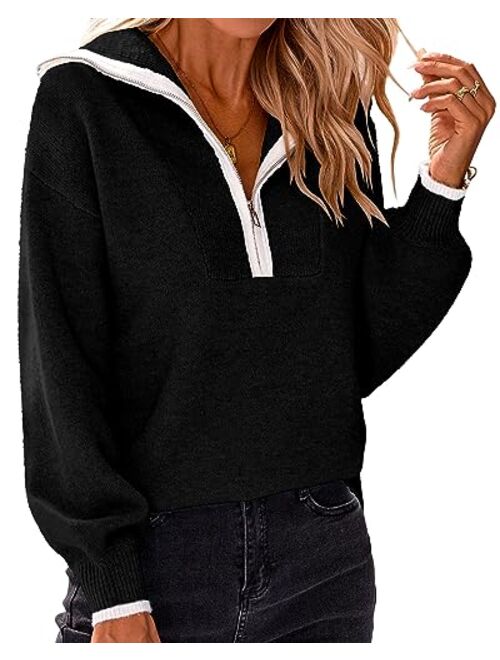 BTFBM Women's 2023 Fall Winter Half Zip Pullover Sweaters Casual V Neck Long Sleeve Ribbed Knit Loose Jumper Tops