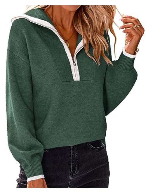 BTFBM Women's 2023 Fall Winter Half Zip Pullover Sweaters Casual V Neck Long Sleeve Ribbed Knit Loose Jumper Tops