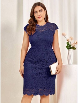 Plus Floral Full Lace Scallop Trim Cocktail Party Fitted Dress