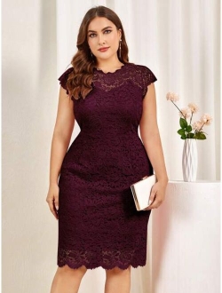 Plus Floral Full Lace Scallop Trim Cocktail Party Fitted Dress