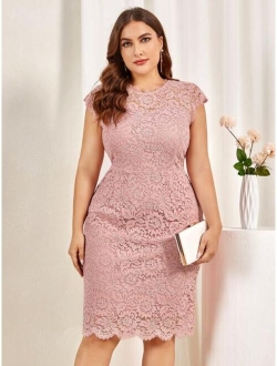 Plus Floral Full Lace Scallop Trim Cocktail Party Fitted Dress