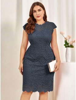 Plus Floral Full Lace Scallop Trim Cocktail Party Fitted Dress