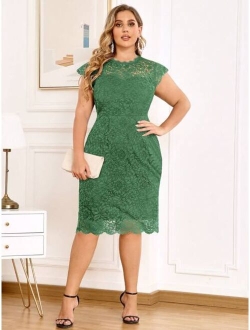 Plus Floral Full Lace Scallop Trim Cocktail Party Fitted Dress