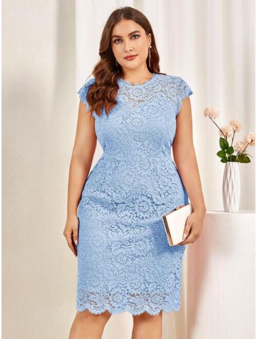 MIUSOL Plus Floral Full Lace Scallop Trim Cocktail Party Fitted Dress