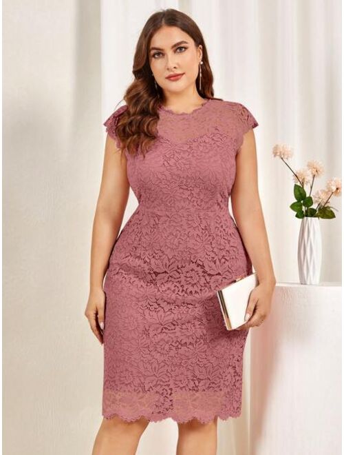 MIUSOL Plus Floral Full Lace Scallop Trim Cocktail Party Fitted Dress