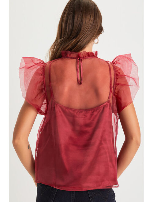 Lulus Sheer Adoration Wine Red Sheer Organza Ruffled Short Sleeve Top