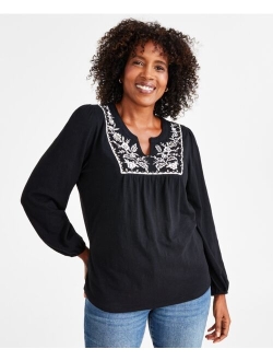 STYLE & CO Women's Embroidered Embellished Cotton Blouse, Created for Macy's