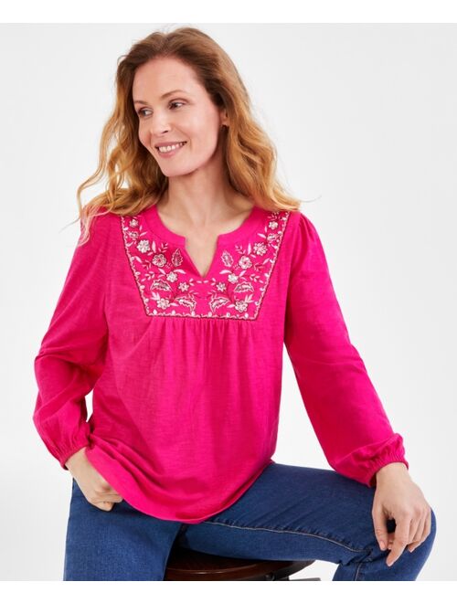 STYLE & CO Women's Embroidered Embellished Cotton Blouse, Created for Macy's