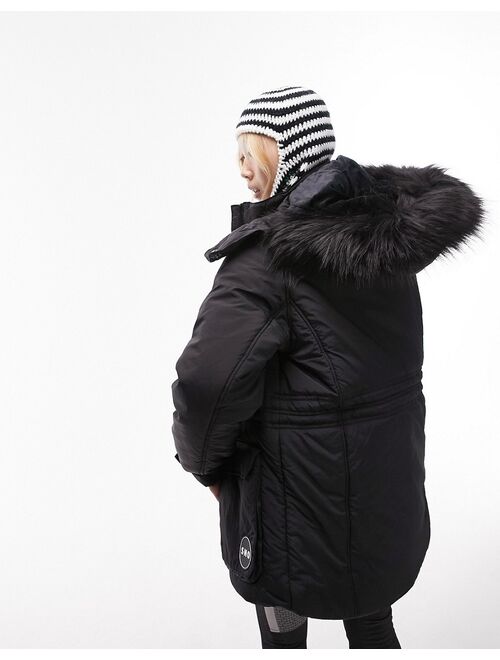 Topshop Petite Sno ski parka coat with fur hood in black