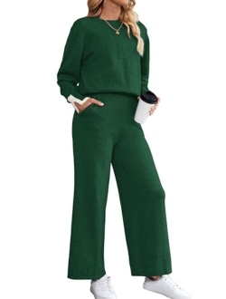 SuperPrity Women Sweater Set 2 or 3 Piece Outfits Short/Long Sleeve Knit Pullover Tops High Waist Wide Leg Pants Lounge Sets