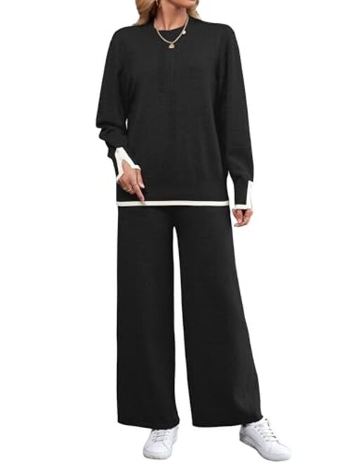 SuperPrity Women Sweater Set 2 or 3 Piece Outfits Short/Long Sleeve Knit Pullover Tops High Waist Wide Leg Pants Lounge Sets