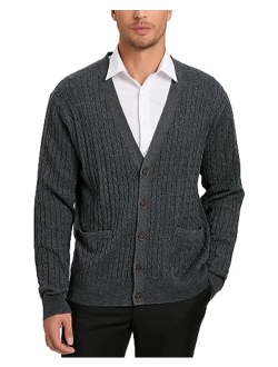 Kallspin Men's Cardigan Sweater Wool Blend Cable Knit V Neck Buttons Cardigan with Pockets