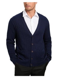 Kallspin Men's Cardigan Sweater Wool Blend Cable Knit V Neck Buttons Cardigan with Pockets