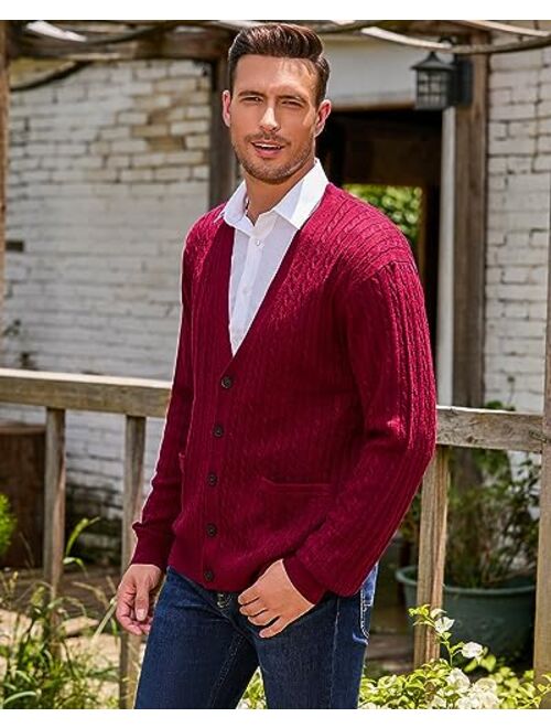 Kallspin Men's Cardigan Sweater Wool Blend Cable Knit V Neck Buttons Cardigan with Pockets