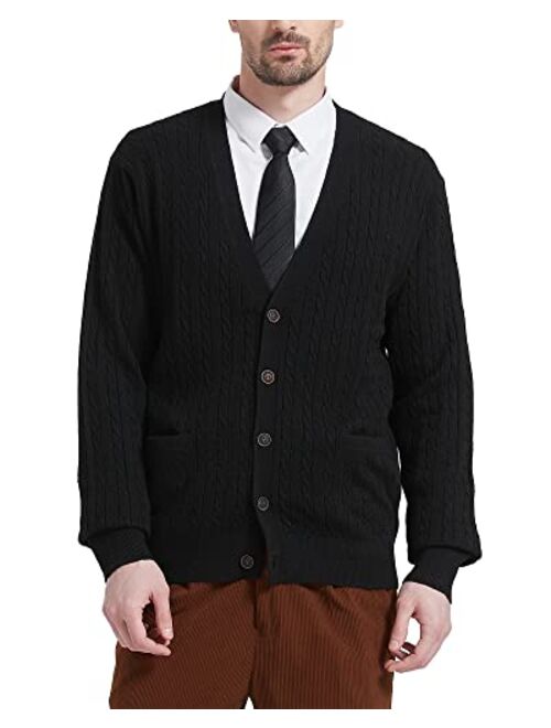 Kallspin Men's Cardigan Sweater Wool Blend Cable Knit V Neck Buttons Cardigan with Pockets