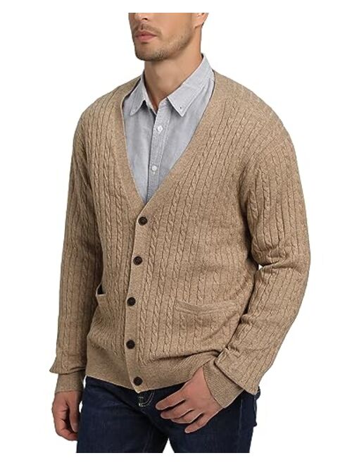 Kallspin Men's Cardigan Sweater Wool Blend Cable Knit V Neck Buttons Cardigan with Pockets