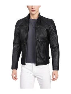 Leather Jacket Men - Real Lambskin Cafe Racer Style Motorcycle Leather Jackets For Mens