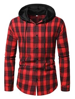 APCKI Mens Hoodie Plaid Shirt Long Sleeve Lightweight Flannel Shirt Jackets Casual Button Down Proclub Shirt