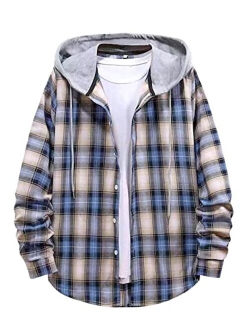 APCKI Mens Hoodie Plaid Shirt Long Sleeve Lightweight Flannel Shirt Jackets Casual Button Down Proclub Shirt