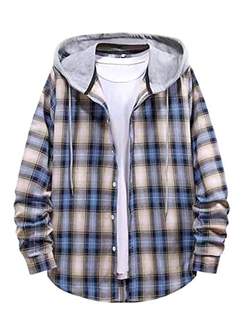 APCKI Mens Hoodie Plaid Shirt Long Sleeve Lightweight Flannel Shirt Jackets Casual Button Down Proclub Shirt