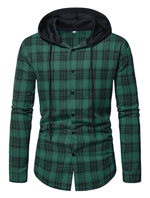 APCKI Mens Hoodie Plaid Shirt Long Sleeve Lightweight Flannel Shirt Jackets Casual Button Down Proclub Shirt