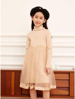 Annil Brand View Products > Annil Children's Dress Long sleeved Sweater Mesh Autumn and Winter Middle School Children's Fashion Sweet and Fashionable Princess Dress