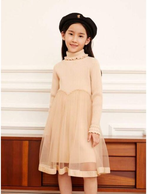 Annil Brand View Products > Annil Children's Dress Long sleeved Sweater Mesh Autumn and Winter Middle School Children's Fashion Sweet and Fashionable Princess Dress