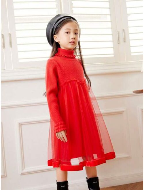 Annil Brand View Products > Annil Children's Dress Long sleeved Sweater Mesh Autumn and Winter Middle School Children's Fashion Sweet and Fashionable Princess Dress